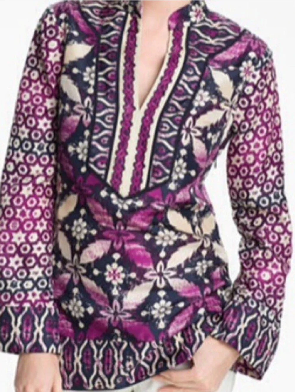 Tory Burch Silk V-Neck Ikat Tunic Top Size 2